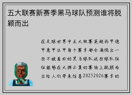 五大联赛新赛季黑马球队预测谁将脱颖而出