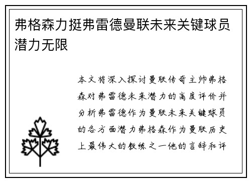 弗格森力挺弗雷德曼联未来关键球员潜力无限